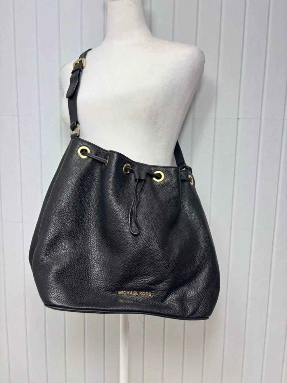 Michael Kors  Black‎ Pebbled Leather Drawstring Hobo with Gold Hardware